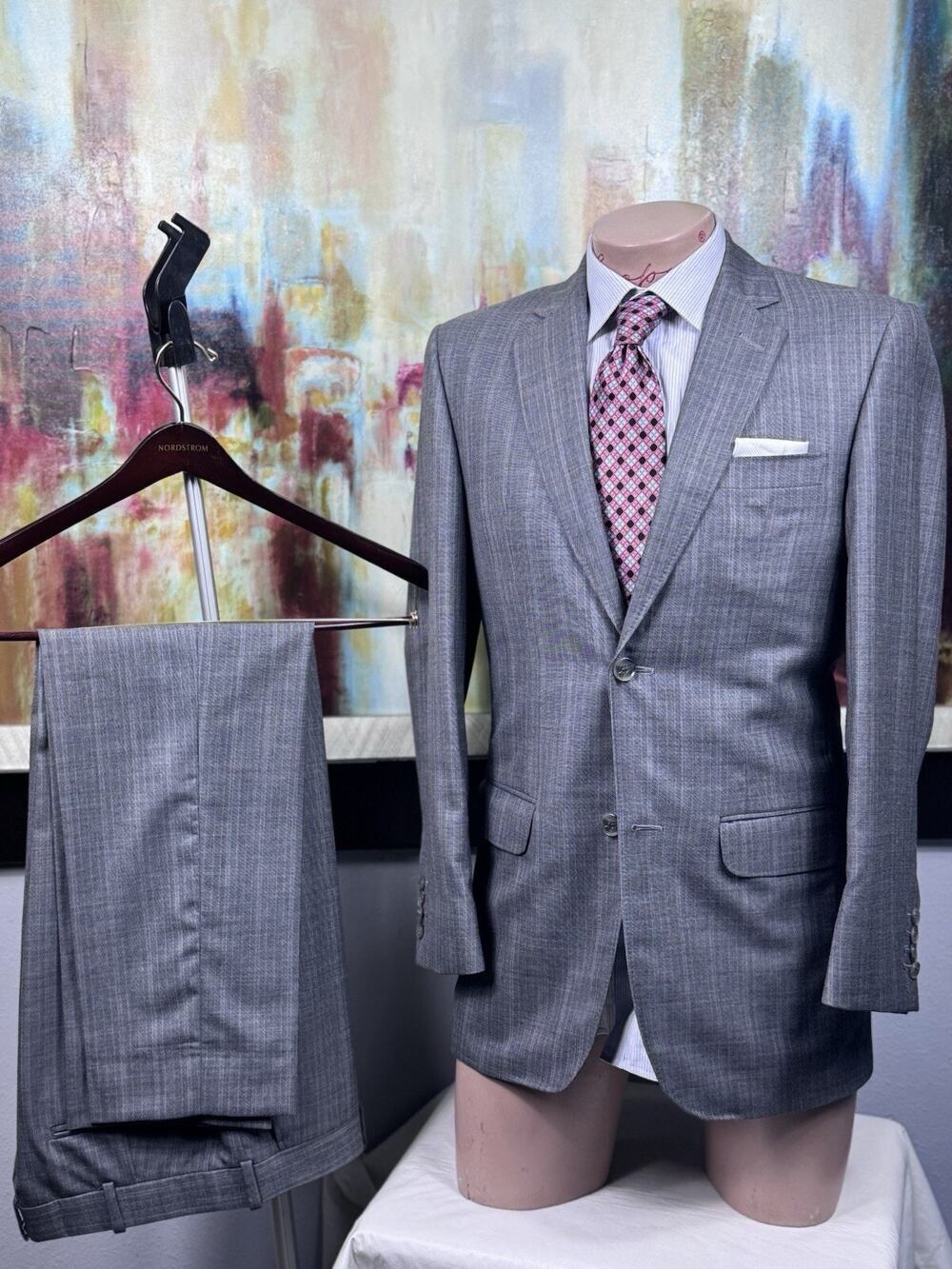 Giovanni Custom Mens Gray Pinstripe 2 Piece Suit 38R Pants 34/29